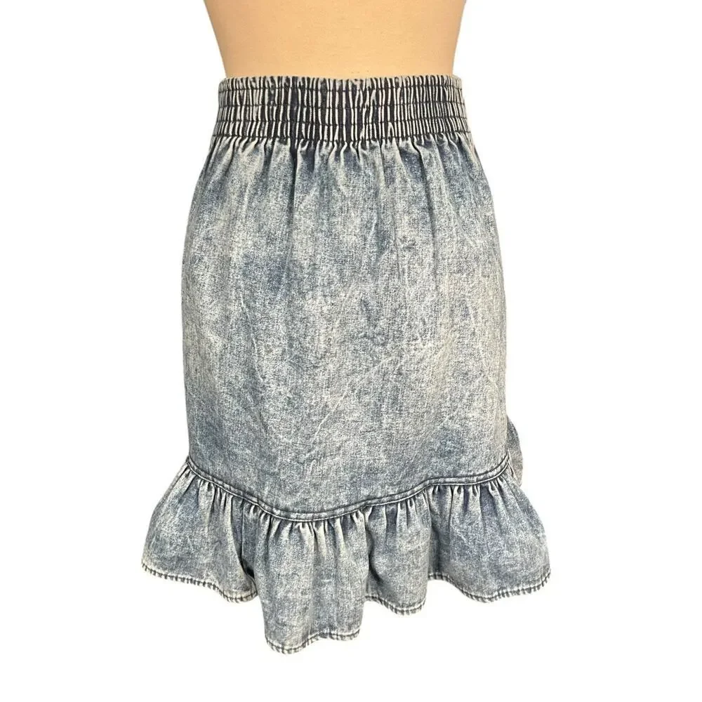 Vintage V.I.G. Sport Denim Mini Skirt Ruffle Hem 90s Acid Wash USA Size 7 Y2K - Picture 2 of 9